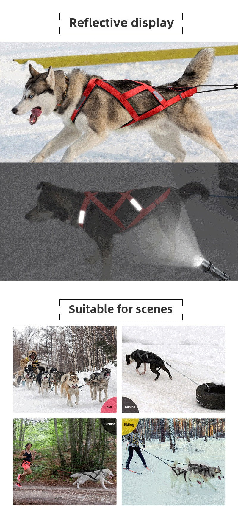 V.PET.BR Reflective Dog Sledding Harness - Heavy-Duty Nylon Chest Harness for Skiing, Pulling & Outdoor Activities (5 Sizes, Night Safety)